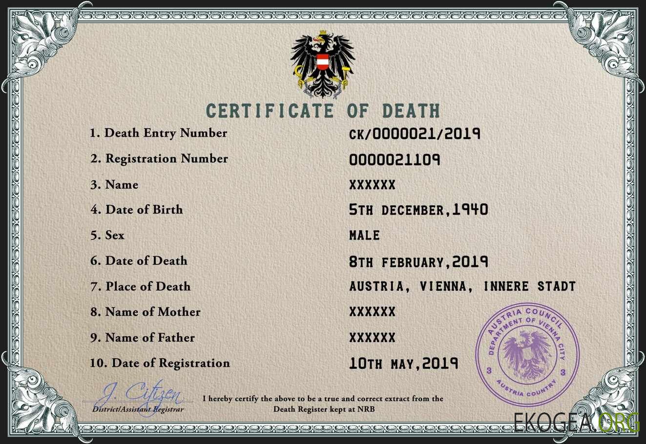 Modèle PSD de certificat de décès en Autriche,